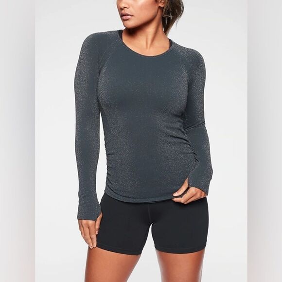 Athleta Dark Charcoal Grey Shimmer Speedlight Shine Long Sleeve Seamless Top - Picture 1 of 9